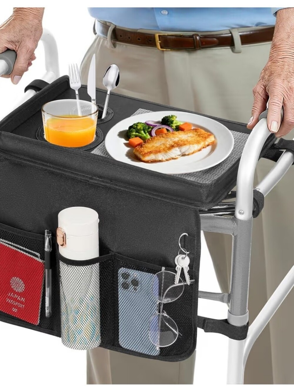 Rhino Valley Walker Tray for Folding Walkers – Black – Non‑Slip